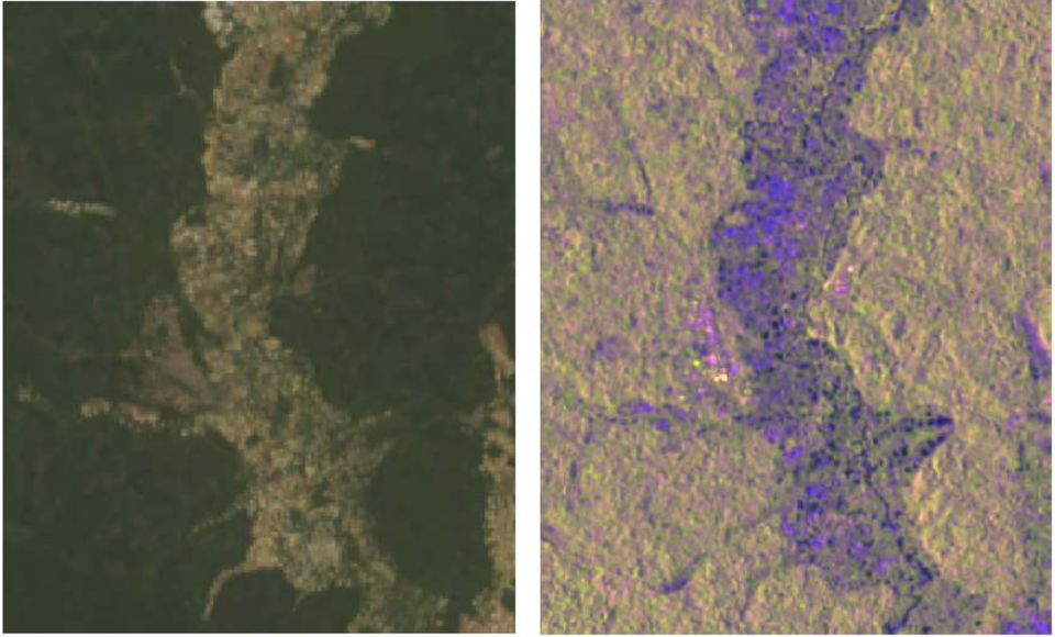 NASA Landsat (left) and Copernicus Sentinel-1 (right) images of potentially illegal mines in Obuasi, Ghana, in May 2018