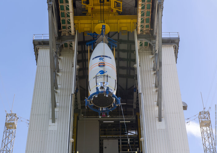 SEOSAT-Ingenio being hoisted into the Vega launch tower