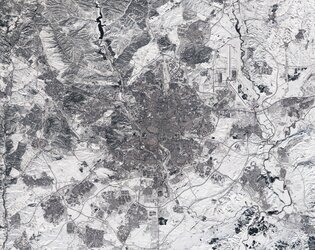 This Copernicus Sentinel-2 image of Madrid in Spain appears to have been taken in black and white. In fact, it is a true-colour image – but the heaviest snowfall in 50 years has blanketed the region, turning the landscape white.