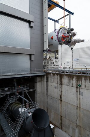 The Ariane 6 upper stage has been installed for tests at the DLR German Aerospace Center in Lampoldshausen, Germany