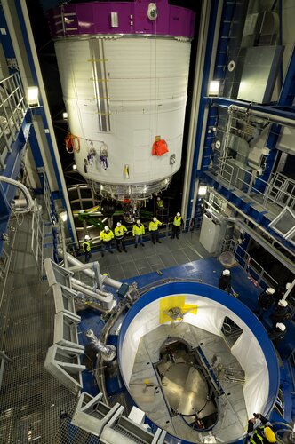 The Ariane 6 upper stage has been installed for tests at the DLR German Aerospace Center in Lampoldshausen, Germany