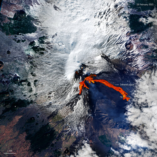 Italy’s Mount Etna, one of the world’s most active volcanoes, has erupted twice in less than 48 hours, spewing a fountain of lava and ash into the sky. This Copernicus Sentinel-2 image has been processed to show the lava flow in bright red. 