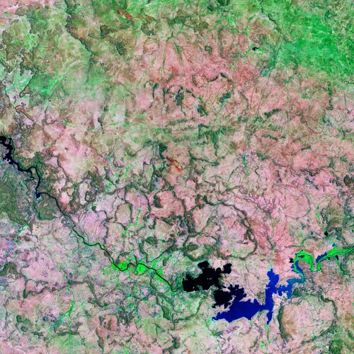 The Gariep Dam, the largest dam in South Africa, is featured in this false-colour image captured by the Copernicus Sentinel-2 mission.
