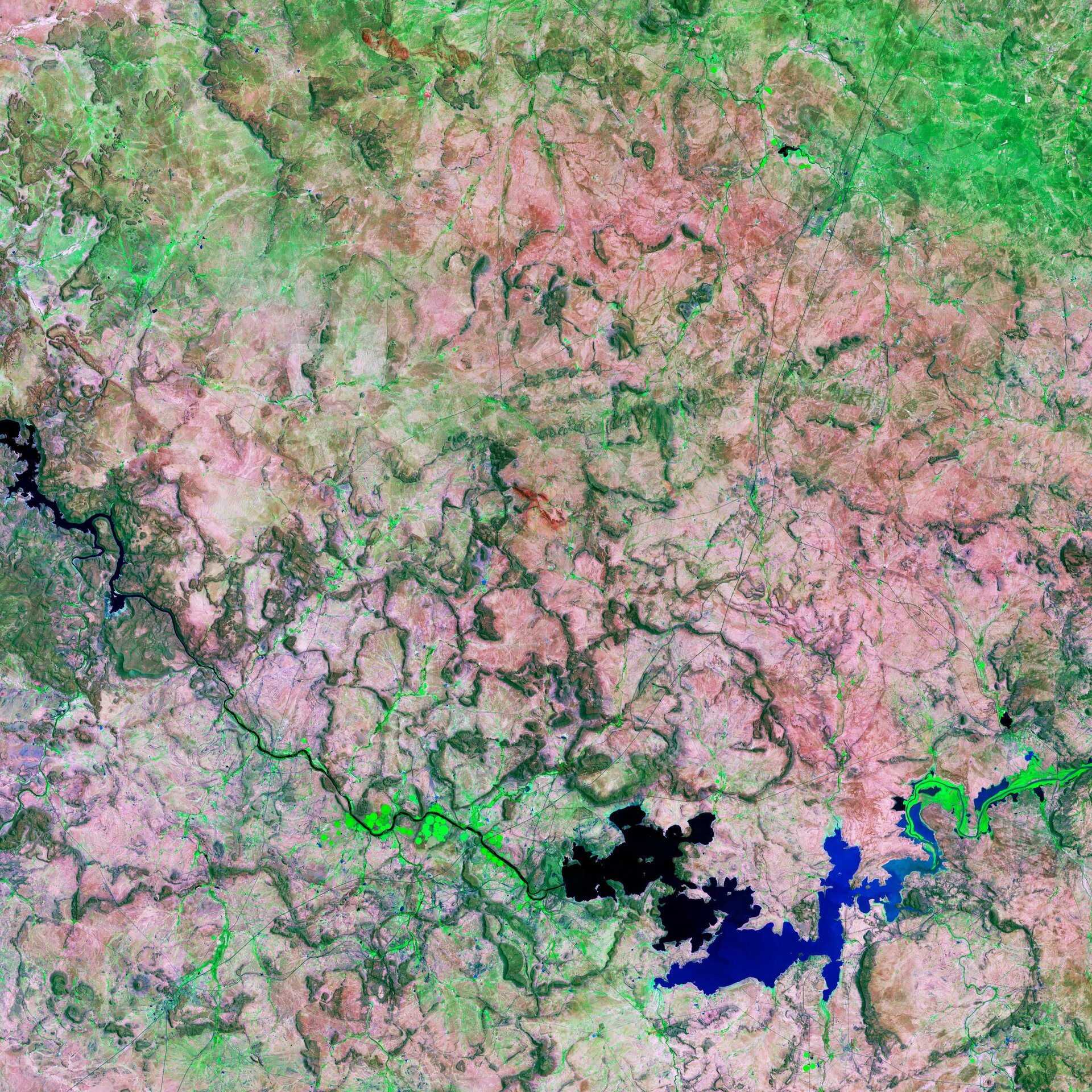 The Gariep Dam, the largest dam in South Africa, is featured in this false-colour image captured by the Copernicus Sentinel-2 mission. 