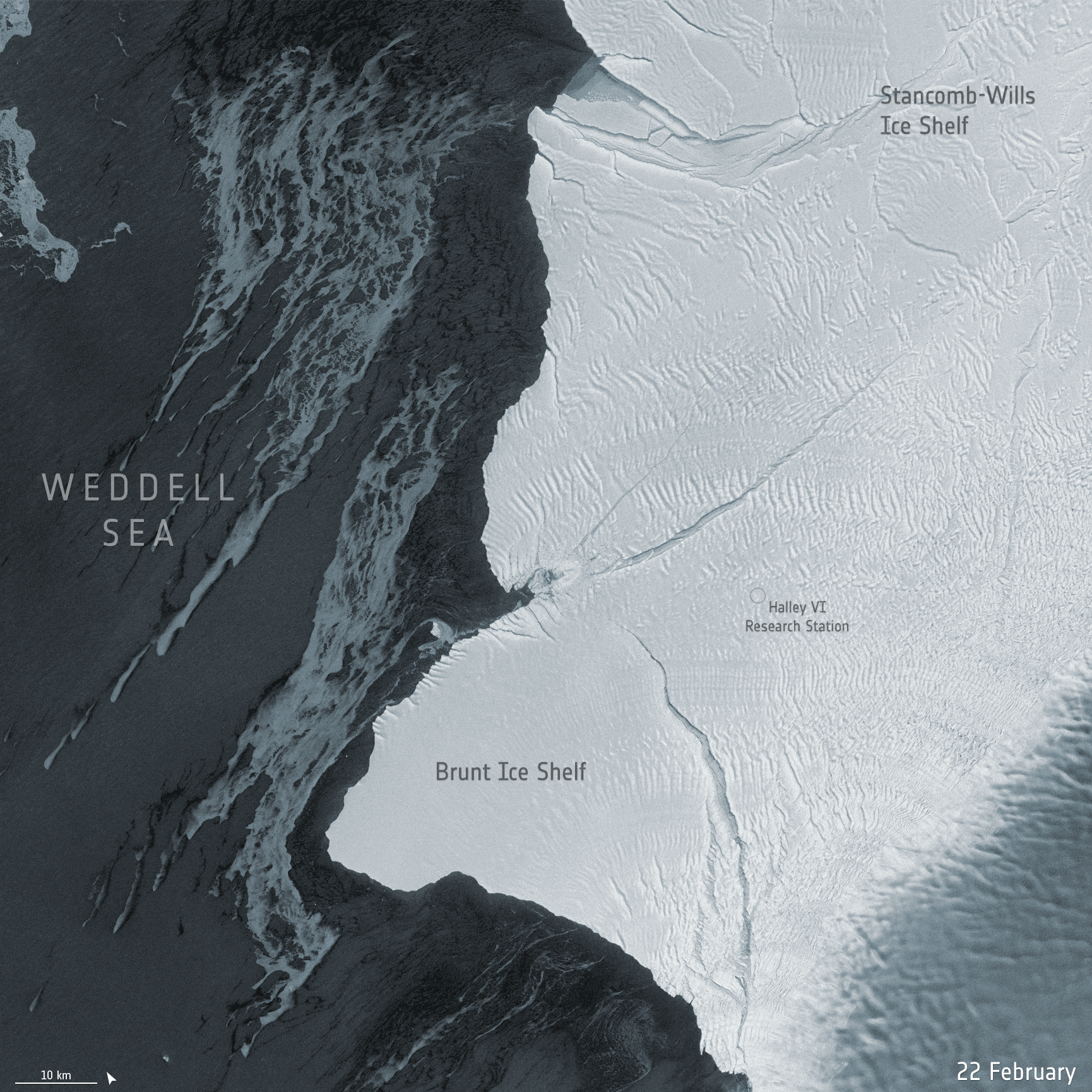 New Copernicus Sentinel-1 radar images show a giant iceberg breaking off from the northern section of Antarctica’s Brunt Ice Shelf