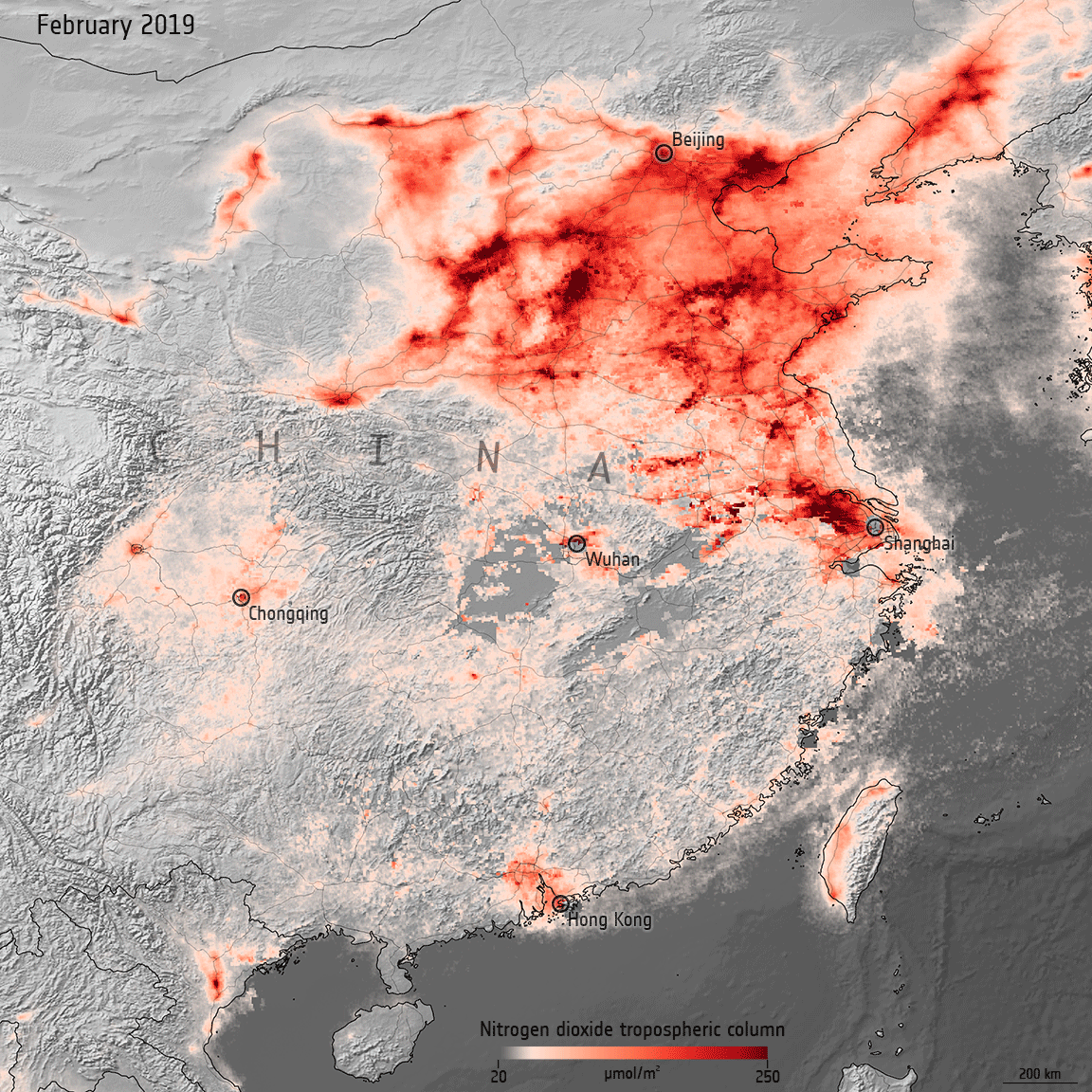 Nitrogen dioxide concentrations over China in February 2019, 2020, and 2021