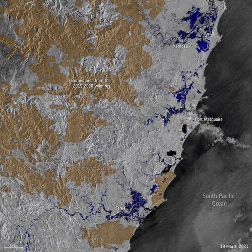 Stretches of land across New South Wales, Australia, have been hit with torrential rain leading to record-breaking floods. Data from the Copernicus Sentinel-1 mission are being used to map flooded areas to help relief efforts.