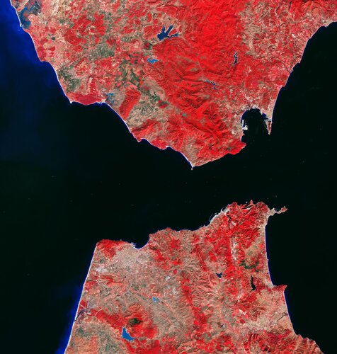 The Strait of Gibraltar is featured in this false-colour image captured by the Copernicus Sentinel-2 mission. 