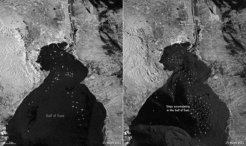 The enormous Ever Given container ship, wedged in Egypt’s Suez Canal, is visible in new images captured by the Copernicus Sentinel-1 mission.