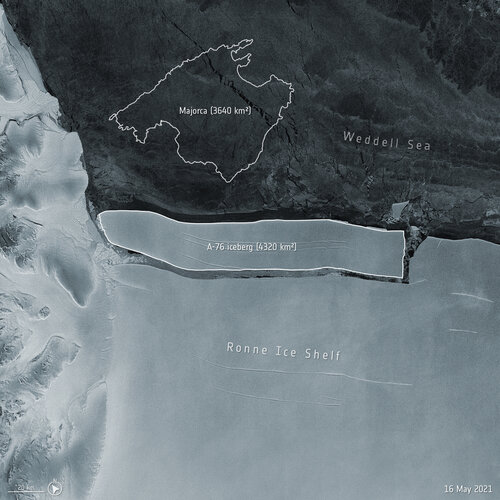 An enormous iceberg has calved from the western side of the Ronne Ice Shelf, in the Weddell Sea, in Antarctica. The iceberg, dubbed A-76, measures around 4320 sq km in size and is currently the largest berg in the world.