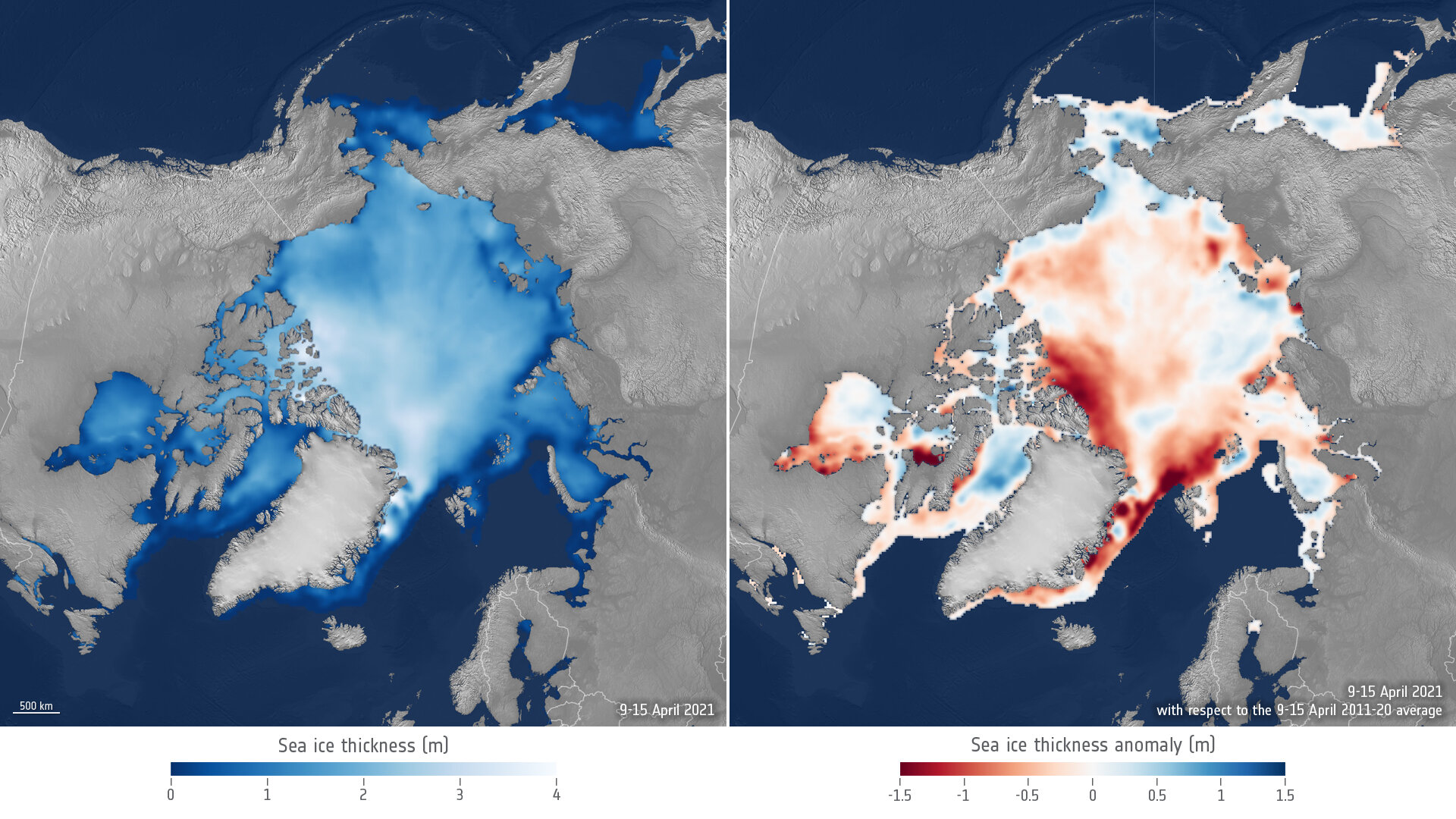 Sea-ice thickness April 2021 compared to April 2011–20 average