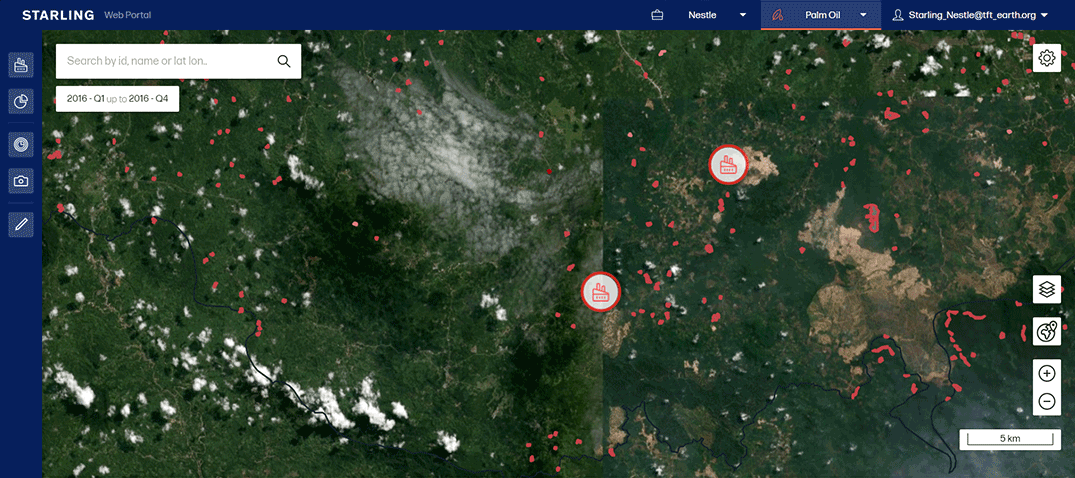 Small-scale deforestation around a mill in Nestlé’s supply chain in Sarawak, Indonesia, from Q1 2016 to Q4 2019.