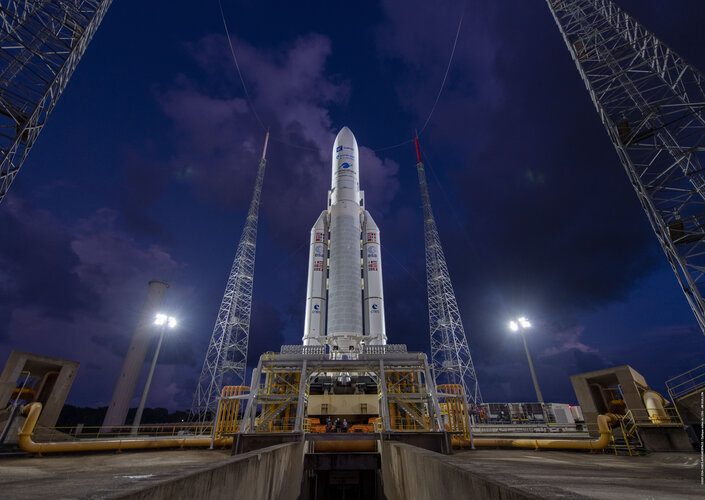 Ariane 5 is poised for liftoff on flight VA254 at Europe’s Spaceport in French Guiana