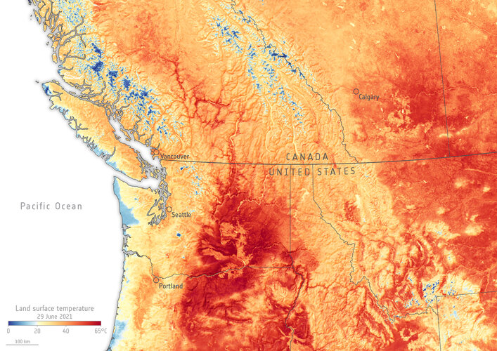 The heatwave now hitting parts of western Canada and the US has been particularly devastating. This Copernicus Sentinel-3 image shows land surface temperature. 