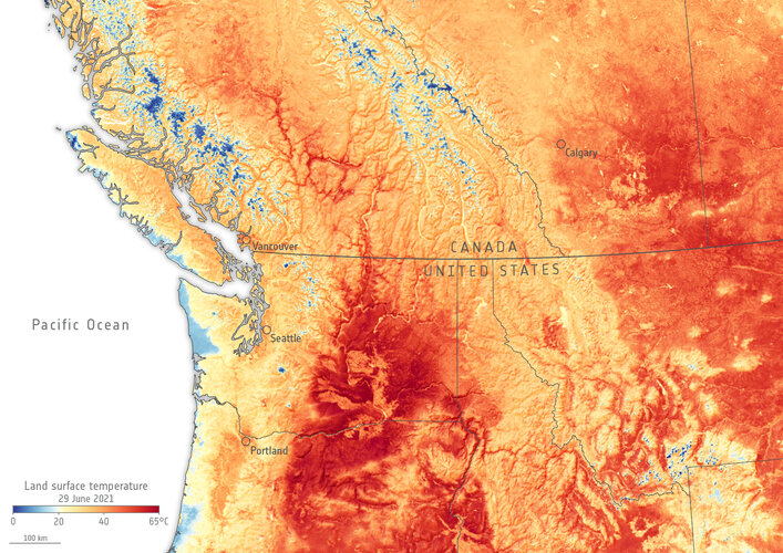The heatwave now hitting parts of western Canada and the US has been particularly devastating. This Copernicus Sentinel-3 image shows land surface temperature. 