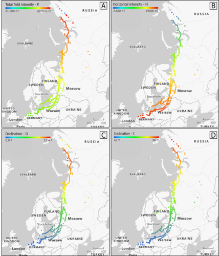 Geomagnetic intensity along migratory paths of white-fronted geese