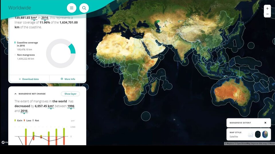 Screenshot from Global Mangrove Watch, showing the location of mangroves
