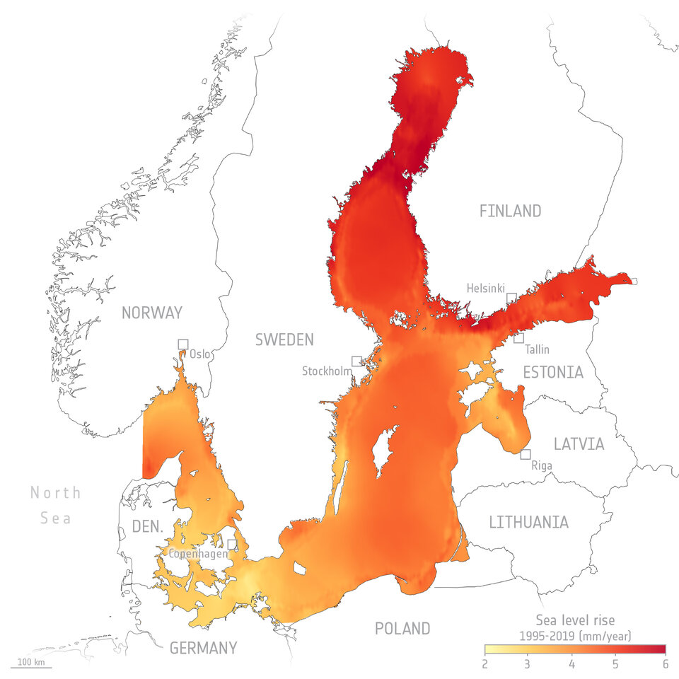 North Sea and Baltic Sea mean sea-level rise 1995–2019