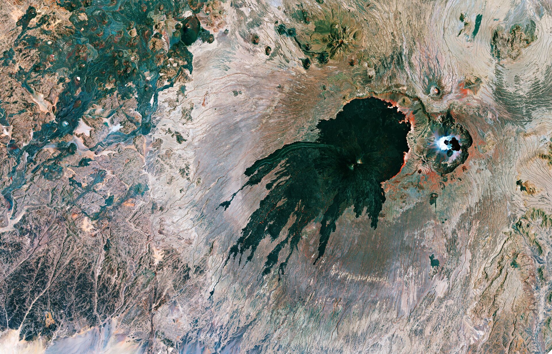 The Tarso Toussidé volcanic massif is featured in this false-colour composite image captured by the Copernicus Sentinel-2 mission.