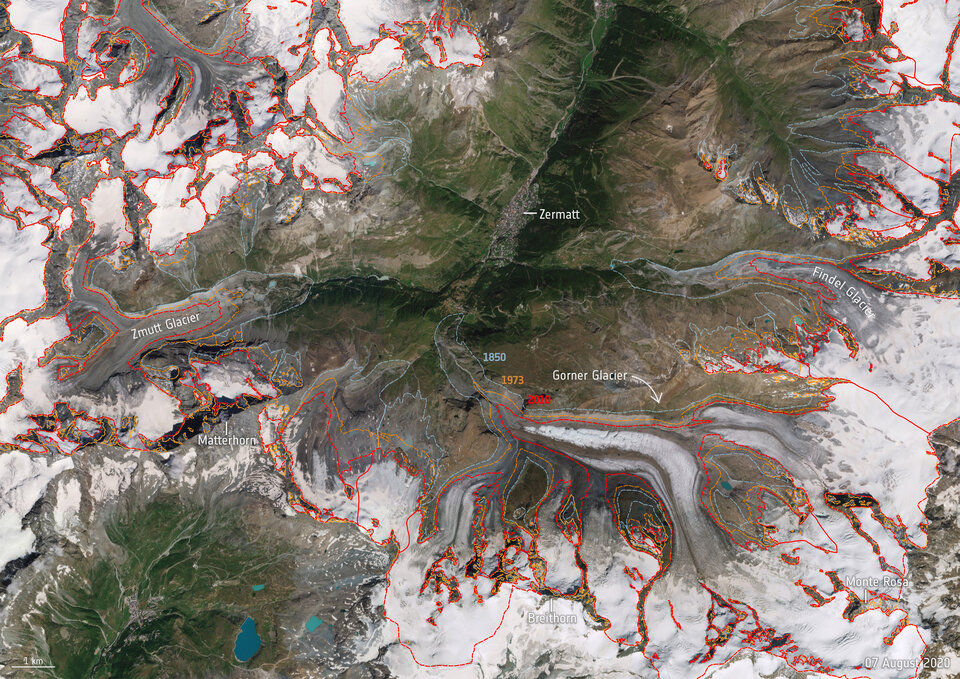 Historic outline of the Gorner Glacier and surrounding area