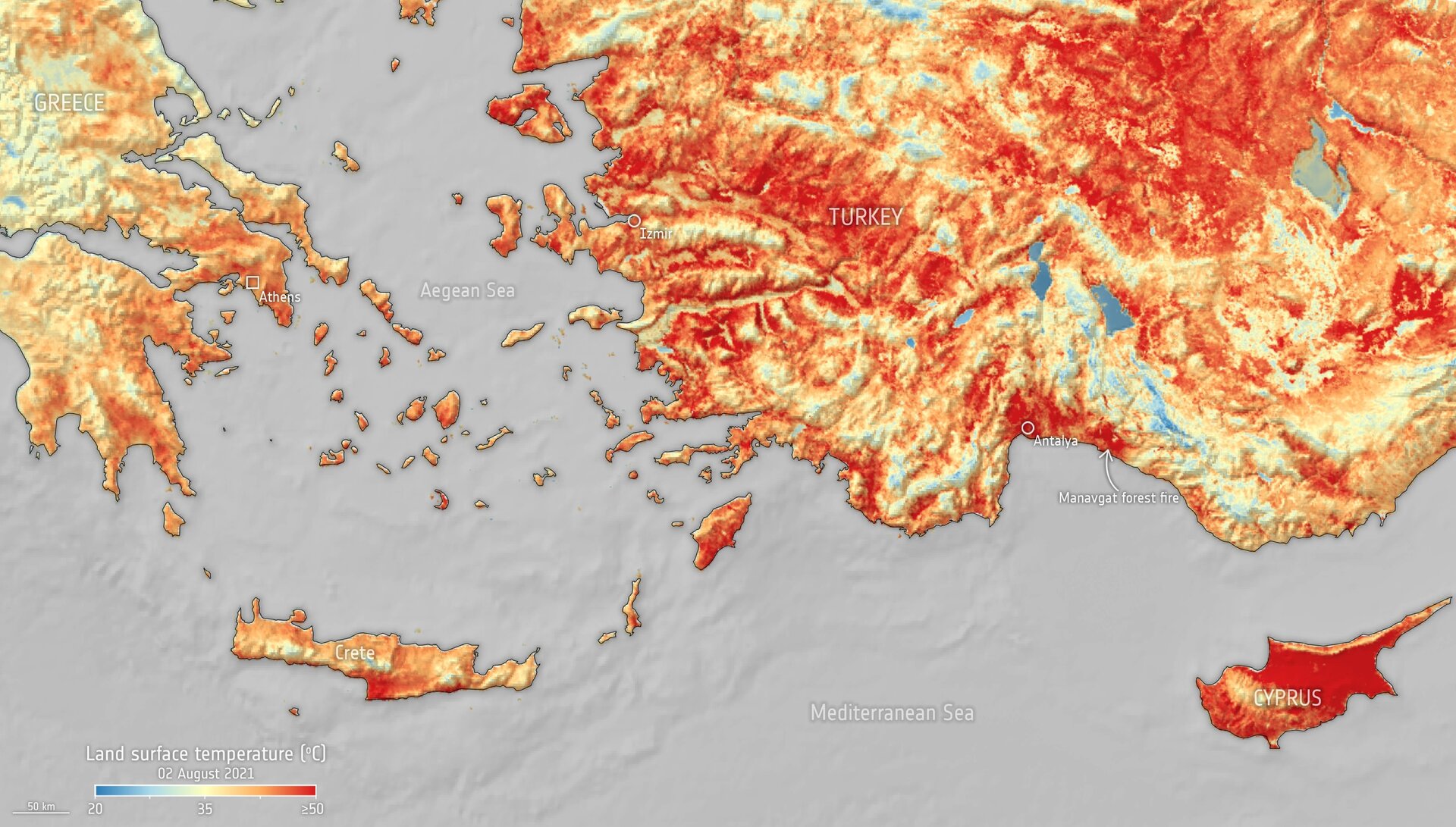 This map generated using data from Copernicus Sentinel-3 shows the temperature of the land surface on 2 August 2021.