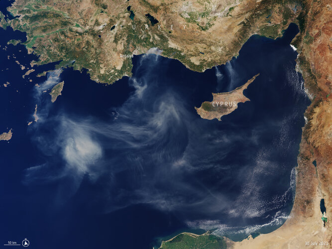 Captured by the Copernicus Sentinel-3 mission on 30 July 2021, this image shows smoke billowing from several fires along the southern coast of Turkey.