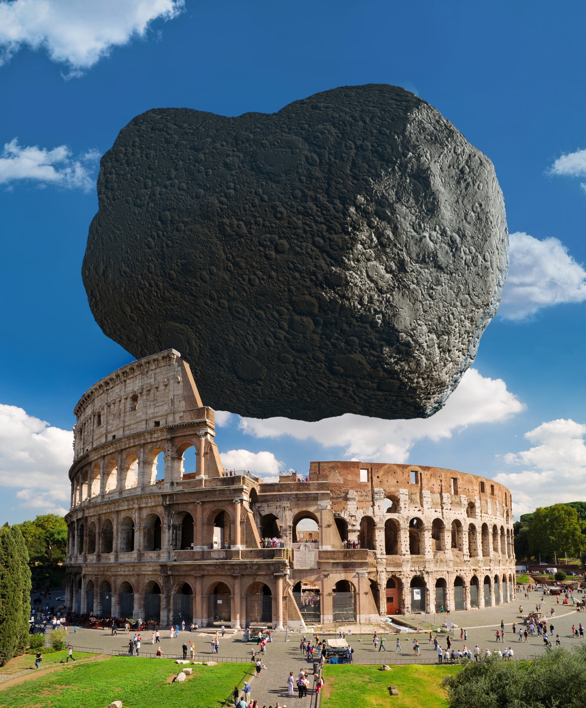 Dimorphos asteroid to scale with Rome's Colosseum