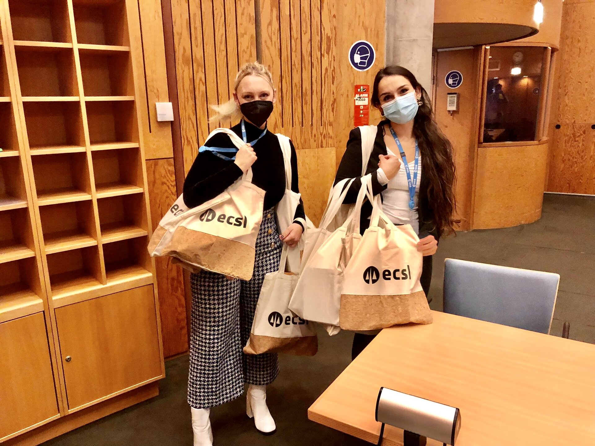 Rosanna Hoffmann and Hristina Talkova with ECSL Goodies for the Participants and Speakers
