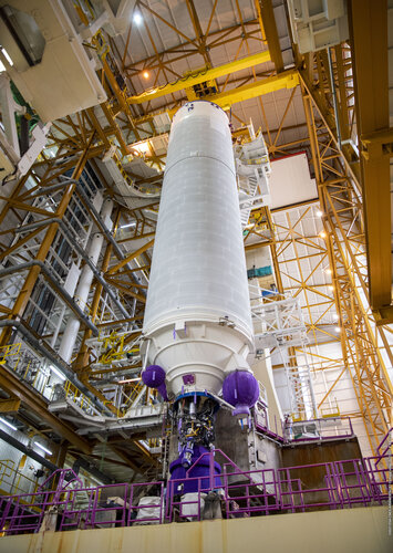 Webb’s Ariane 5 core stage was raised vertical in the launch vehicle integration building at Europe’s Spaceport in French Guiana