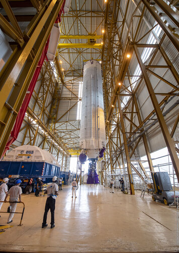 Webb’s Ariane 5 core stage was raised vertical in the launch vehicle integration building at Europe’s Spaceport in French Guiana