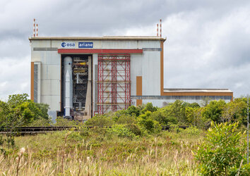 Webb's Ariane 5 launch vehicle inside the launch vehicle integration building at Europe's Spaceport