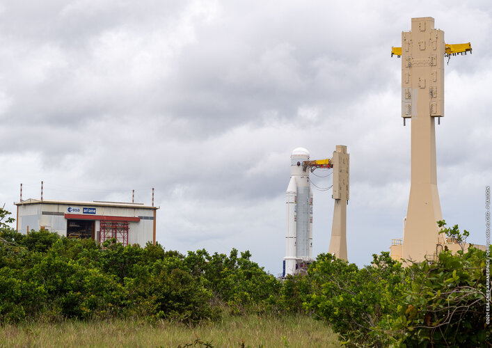 Webb's Ariane 5 launch vehicle leaves the launch vehicle integration building at Europe's Spaceport