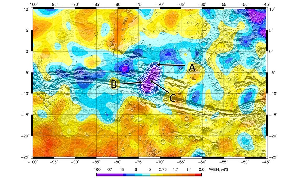 Marte: Risultato dei dati di TGO di ExoMars nelle Valles Marines, la zona al centro mostra la possibile concentrazione di acqua. Credits: ESA