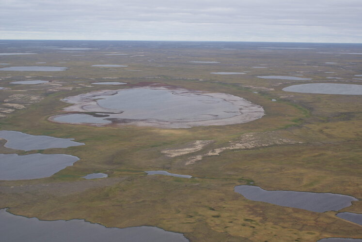 A lake that has partially drained on the Yamal Peninsula