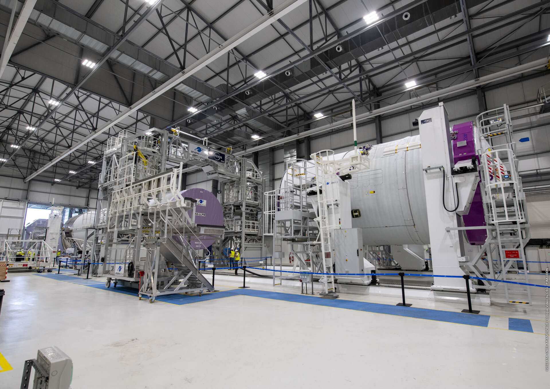 Ariane 6 central core set for assembly in the assembly hall at Europe Spaceport in French Guiana
