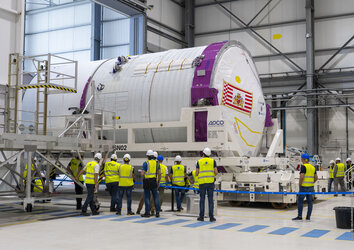 Ariane 6 upper stage inside the assembly building at Europe's Spaceport
