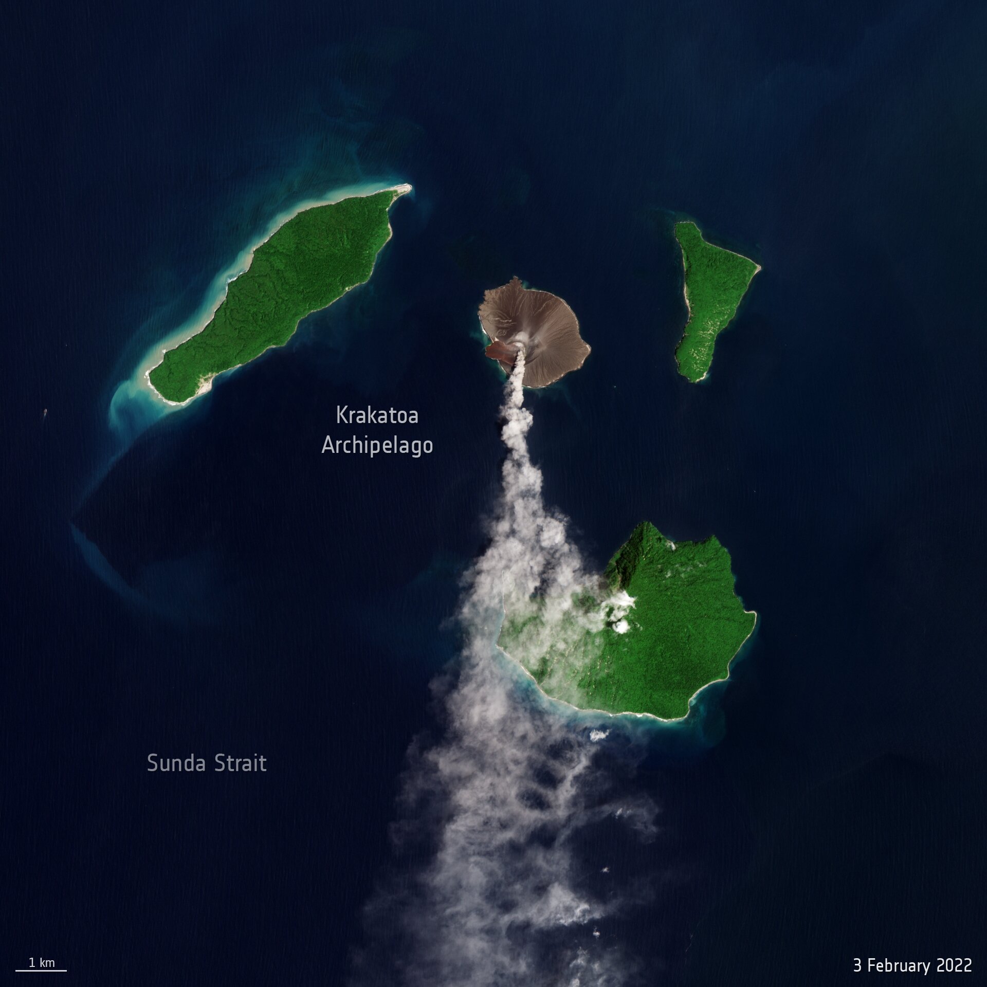 A new eruption started at the Anak Krakatoa volcano in Indonesia on 3 February 2022, as seen in this image captured by the Copernicus Sentinel-2 mission.