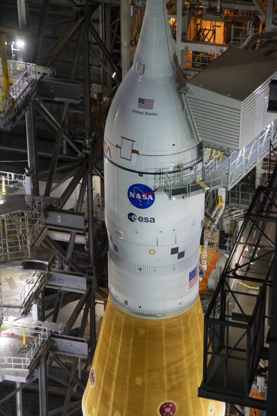 ESA and NASA logos on the Moon rocket of Artemis I