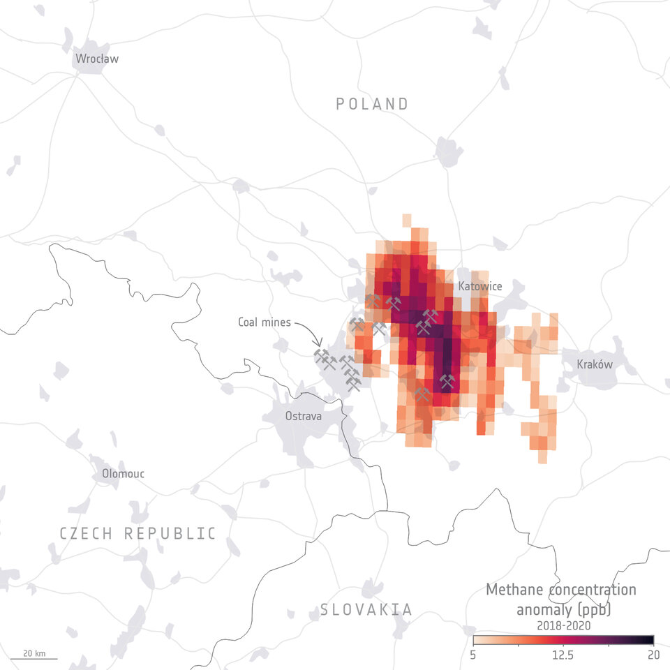 Koncentrace metanu nad jižním Polskem