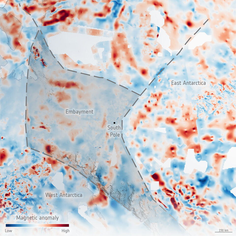 Patterns of magnetic rocks and embayment under the ice in East Antarctica