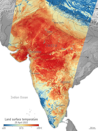 India is currently facing a prolonged heatwave, with temperatures exceeding 42°C in numerous cities across the country. This map, generated using data from Copernicus Sentinel-3, shows the land surface temperature on 29 April.