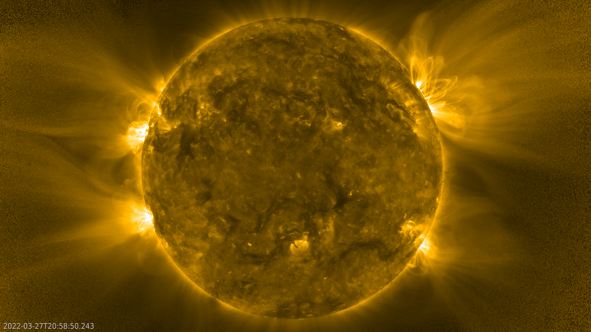 Immagine del Sole catturata durante il transito nel perielio da Solar Orbiter. Credits: 
ESA & NASA/Solar Orbiter/EUI Team