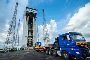 10 May 2022: The Vega-C Zefiro-9 third stage has now been transferred to and integrated at the Vega Launch Zone (Zone de Lancement Vega) ZLV at Europe's Spaceport in Kourou, French Guiana.