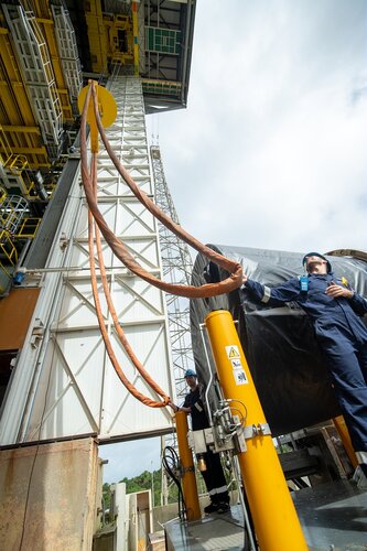 10 May 2022: The Vega-C Zefiro-9 third stage has now been transferred to and integrated at the Vega Launch Zone (Zone de Lancement Vega) ZLV at Europe's Spaceport in Kourou, French Guiana