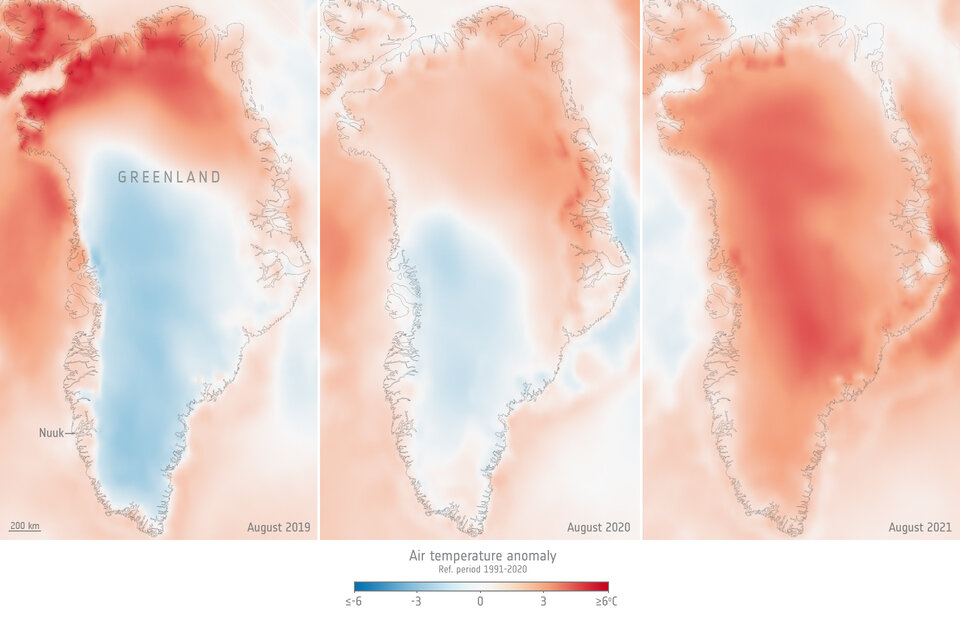 Greenland air temperature for August 2019, 2020, 2021, compared to the 1991–2020 August average