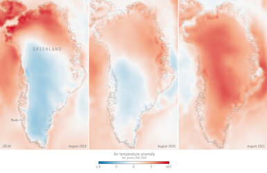 Greenland air temperature for August 2019, 2020, 2021, compared to the 1991–2020 August average