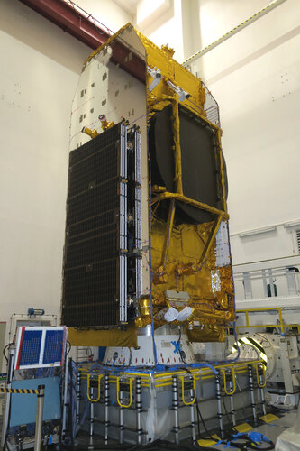 Eutelsat Hotbird 13F telecommunications satellite in the mechanical test facility