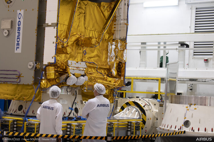 Eutelsat Hotbird 13G telecommunications satellite in the mechanical test facility