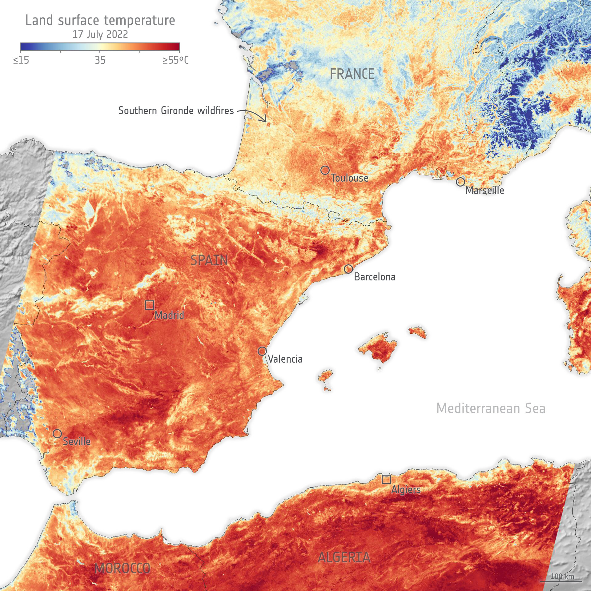 France and Spain land-surface temperature