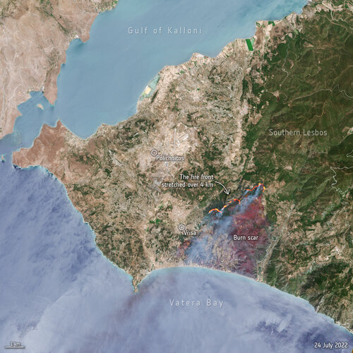 Hundreds of residents and tourists have been evacuated from the Greek island of Lesbos after a wildfire broke out on the morning of 23 July. This image, captured by Sentinel-2, shows the active fire front which stretches for more than four km.